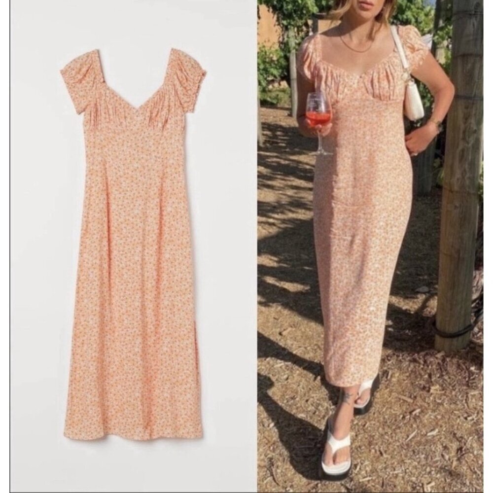 H and M Dress Womens XL Orange Ditzy Floral Ruffle Milkmaid Coquette Feminine - Picture 1 of 6